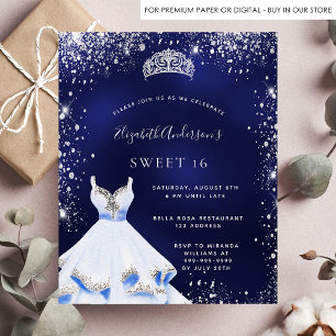 Papier Budget Sweet 16 bleu argent robe tiara invitation