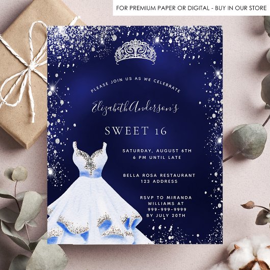 Papier Budget Sweet 16 bleu argent robe tiara invitation