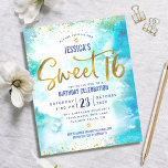 Papier Budget Sweet 16 Blue Watercolor Invitation de scri<br><div class="desc">"Bonne Douce 16". Envoyez cette invitation étonnante, pétillante, girly, festive, moderne, personnalisée, budget personnalisé pour un événement à retenir. Un arrière - plan d'aquarelle bleu turquoise est superposé à un faux papier doré et à de minuscules points de parties scintillant de confettis ainsi qu'à un script de typographie. Personnalisez le...</div>