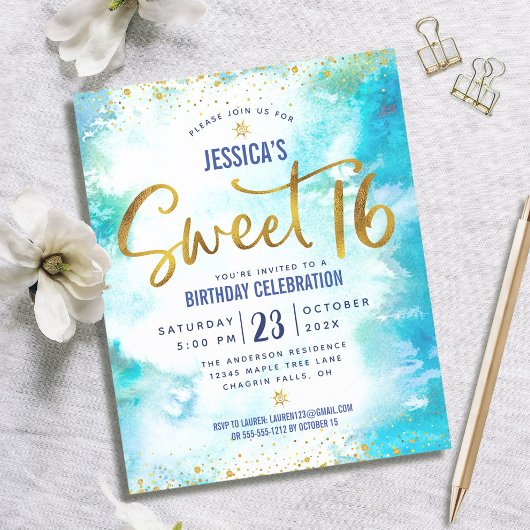 Papier Budget Sweet 16 Blue Watercolor Invitation de scri