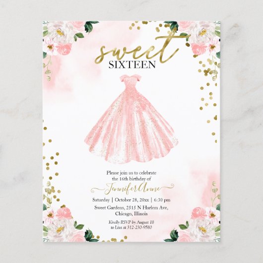 Papier Budget Sweet 16 Blush rose rose floral Invitation (Devant)