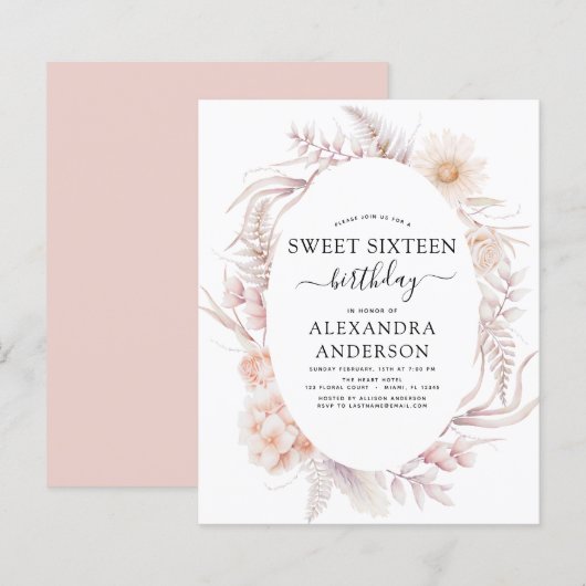 Papier Budget Sweet 16 Boho Dusty rose Floral Anniversair (Devant / Derrière)