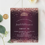 Papier Budget Sweet 16 Bourgogne rose or tiara<br><div class="desc">Pour un élégant Sweet 16, 16e anniversaire. Une couleur arrière - plan à l'aspect faux métallique bordeaux. Décoré avec de la poussière de parties scintillant en faux or rose et une tiare, couronne. Personnalisez et ajoutez un nom, un âge et des détails de la fête. Le nom est écrit avec...</div>