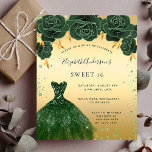 Papier Budget Sweet 16 émeraude vert or robe floral<br><div class="desc">Une invitation moderne, élégante et glamour pour une fête Sweet 16, 16e anniversaire. Un arrière - plan en faux or avec de la poussière de parties scintillant en faux vert, une robe vert émeraude et des roses verts, des fleurs. Le nom est écrit avec un script de style moderne écrit...</div>