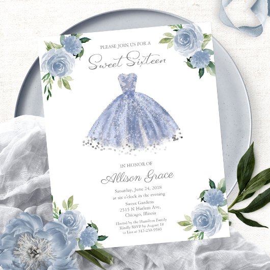 Papier Budget Sweet 16 Invitation Argent Dusty Blue Gown