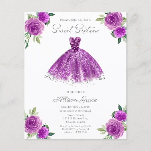 Papier Budget Sweet 16 Invitation Argent Purple Gown (Devant)