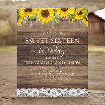 Papier Budget Sweet 16 Invitation au tournesol d'annivers<br><div class="desc">Budget Sweet sixteen (16) Anniversaire - Rustic Country Sunflower Farmhouse String Lights Lace Invitations on Wood arrière - plan - comprend une belle et élégante typographie de scénario avec la ferme Country Farm House moderne Sparkle pour la célébration spéciale du 16e anniversaire.</div>