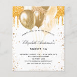 Papier Budget Sweet 16 invitation ballons d'or blanc<br><div class="desc">Pour une soirée Sweet 16, 16ème anniversaire. Un arrière - plan blanc chic. Décoré avec des gouttes de parties scintillant en faux or, la peinture goutte à goutte et les ballons. Personnalisez et ajoutez un nom, un âge et des détails de la fête. Le nom est écrit avec un script...</div>