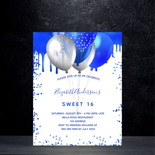 Papier Budget Sweet 16 invitation bleu royal blanc