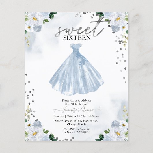 Papier Budget Sweet 16 Invitation Blue Floral robe (Devant)