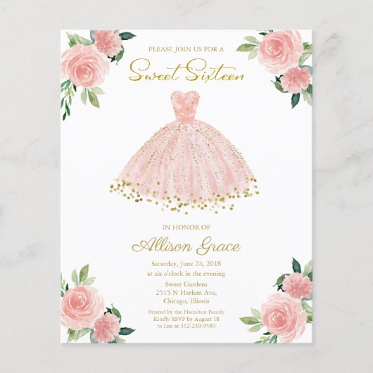 Papier Budget Sweet 16 Invitation Gold Rose Blush Gown (Devant)