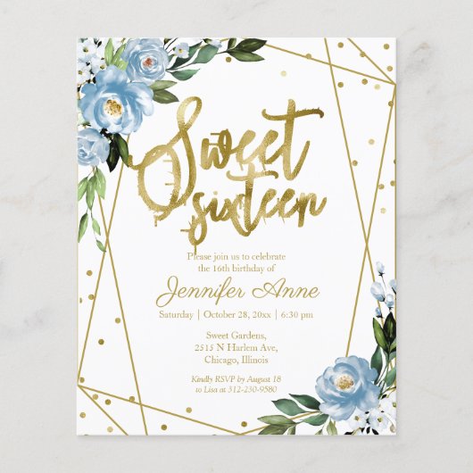 Papier Budget Sweet 16 Invitation Or Dusty Blue Floral (Devant)