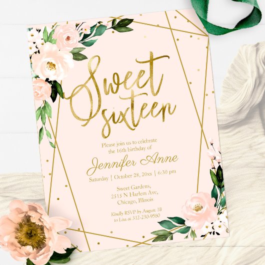 Papier Budget Sweet 16 Invitation Or Rose Blush Floral
