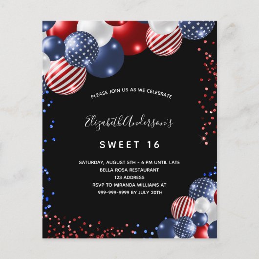 Papier Budget Sweet 16 invitation patriotique noire (Devant)
