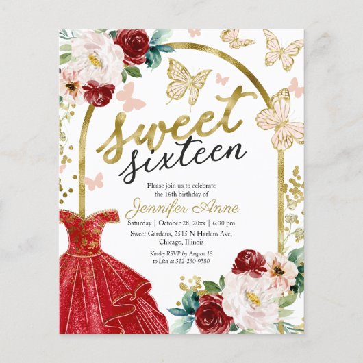 Papier Budget Sweet 16 Invitation Robe Florale Papillon (Devant)