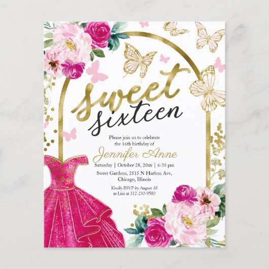 Papier Budget Sweet 16 Invitation Robe Florale Papillon (Devant)