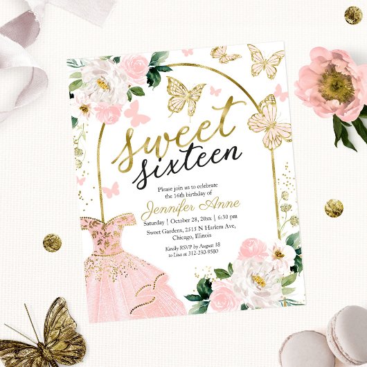 Papier Budget Sweet 16 Invitation Robe Florale Papillon