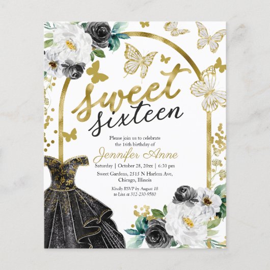 Papier Budget Sweet 16 Invitation Robe Florale Papillon (Devant)