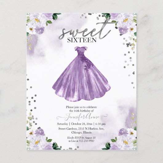 Papier Budget Sweet 16 Invitation Robe Florale violet (Devant)