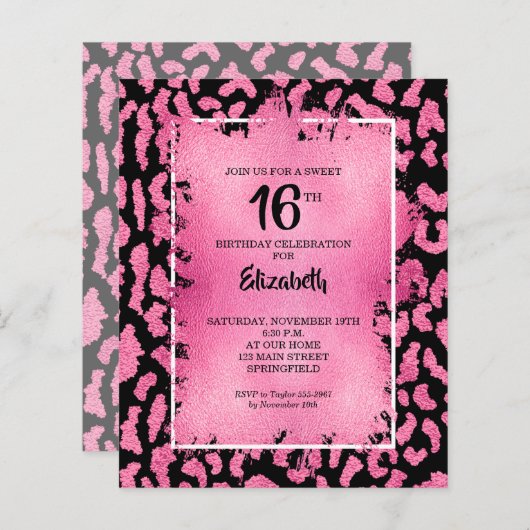 Papier Budget Sweet 16 léopard rose Invitations d'anniver (Devant / Derrière)