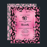 Papier Budget Sweet 16 léopard rose Invitations d'anniver<br><div class="desc">Les petites invitations de fête d'anniversaire en sweet sixteen de 4, 5 po x 5, 6 po sont dotées d'un motif d'impression tache chic rose et noir léopard, surmonté d'une couche de faux papier rose et de détails de votre fête d'anniversaire en lettres chic. Idéal pour TOUT ÂGE. Ces annonces...</div>