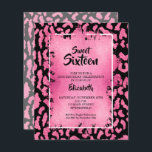Papier Budget Sweet 16 léopard rose Invitations d'anniver<br><div class="desc">Les petites invitations de fête d'anniversaire en sweet sixteen de 4, 5 po x 5, 6 po sont dotées d'un motif d'impression tache chic rose et noir léopard, surmonté d'une couche de faux papier rose et de détails de votre fête d'anniversaire en lettres chic. Idéal pour TOUT ÂGE. Ces annonces...</div>