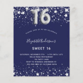 Papier Budget Sweet 16 marine bleu argent invitation (Devant)