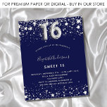 Papier Budget Sweet 16 marine bleu argent invitation<br><div class="desc">Une invitation moderne,  élégante et glamour pour une fête Sweet 16,  16e anniversaire. Un arrière - plan bleu marine,  décoré de faux étoiles argentées. Personnalisez et ajoutez votre nom et les détails de votre fête. Le numéro 16 est écrit avec une police de style ballon.</div>