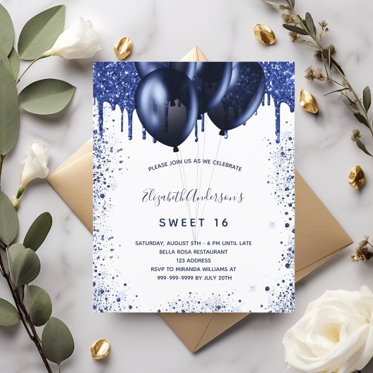 Papier Budget Sweet 16 marine bleu blanc invitation
