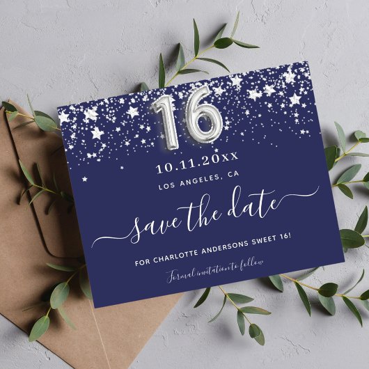 Papier Budget Sweet 16 navy bleu argent étoiles date de s