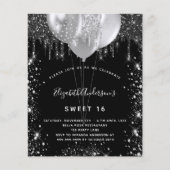 Papier Budget Sweet 16 noir argent ballons invitation (Devant)