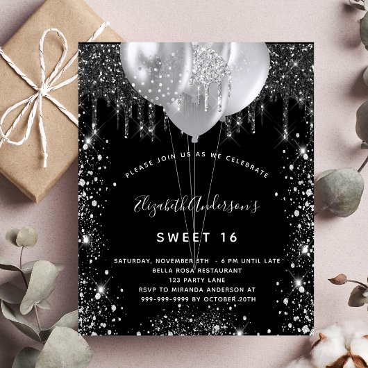 Papier Budget Sweet 16 noir argent ballons invitation