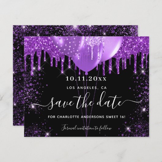 Papier Budget Sweet 16 noir violet enregistrer la date (Devant / Derrière)
