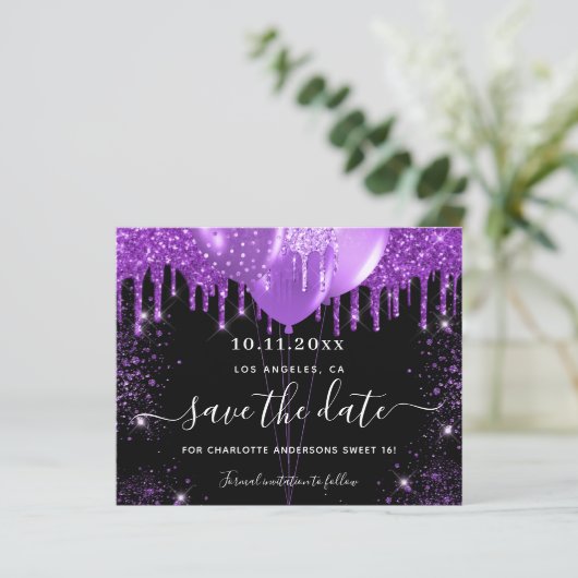 Papier Budget Sweet 16 noir violet enregistrer la date (Debout devant)