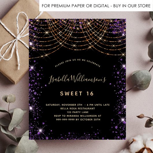 Papier Budget Sweet 16 noir violet parties scintillant po
