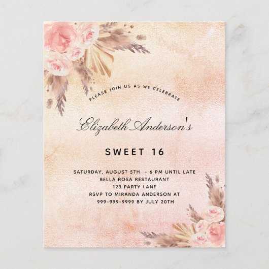 Papier Budget Sweet 16 pampas herbe invitation broussaill (Devant)