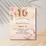 Papier Budget Sweet 16 pampas herbe rose invitation or<br><div class="desc">Un arrière - plan d'or rose,  rustique et rustique à l'aspect rustique et rustique. Décoré de fleurs roses d'or et de rose,  de roses,  d'herbe de pampas. Personnalisez et ajoutez un nom et des détails du parti. Le numéro 16 est écrit avec une police de style ballon.</div>
