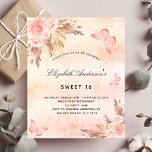 Papier Budget Sweet 16 papillon pampas herbe blush<br><div class="desc">Un arrière - plan d'or rose,  rustique et rustique à l'aspect rustique et rustique. Décoré de fleurs roses d'or et de rose,  de roses,  d'herbe de pampas et de papillons. Personnalisez et ajoutez un nom et des détails du parti.</div>