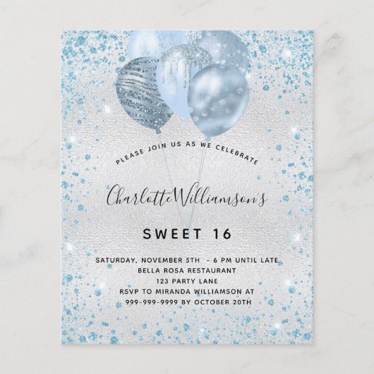 Papier Budget Sweet 16 parties scintillant bleu argent in (Devant)