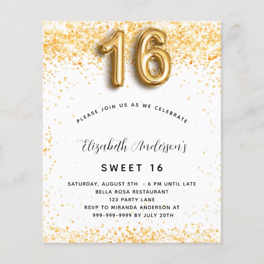 Papier Budget Sweet 16 parties scintillant or blanc invit (Devant)