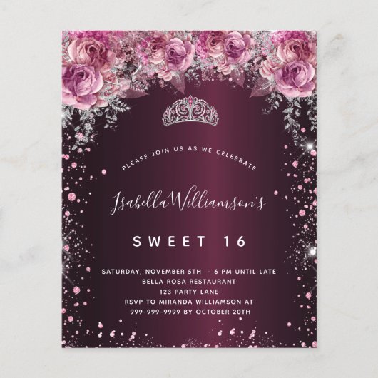 Papier Budget Sweet 16 parties scintillant rose bordeaux  (Devant)