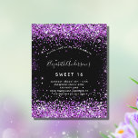 Papier Budget Sweet 16 parties scintillant violet noir in<br><div class="desc">Une invitation moderne,  élégante et glamour pour une fête Sweet 16,  16e anniversaire. Un arrière - plan noir avec de la poussière de parties scintillant en faux violet. Le nom est écrit avec un script de style moderne écrit à la main. Personnalisez et ajoutez les détails de votre fête.</div>