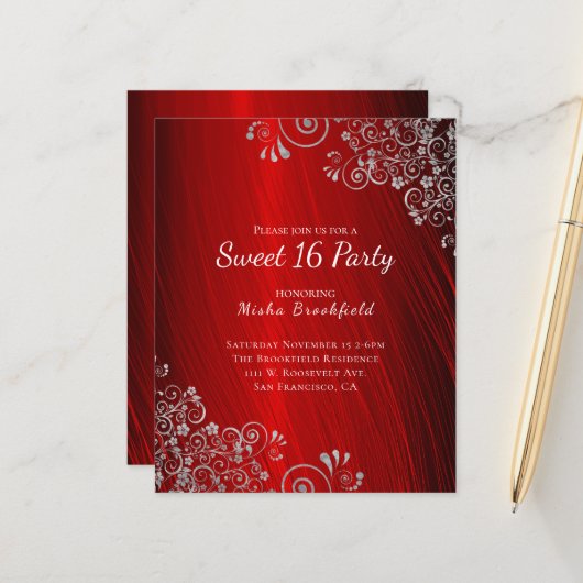 Papier Budget Sweet 16 Party Ruby Red Invitation (Devant/Arrière en situation)
