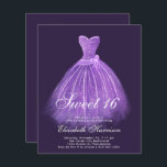 Papier Budget Sweet 16 Purple Gown fête d'anniversaire<br><div class="desc">Élégante et économique,  violet foncé doux invitation de fête de 16 ans avec une aquarelle d'une robe violette aux accents d'argent et "Sweet sixteen" et son nom dans un script blanc élégant.</div>