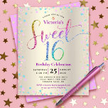 Papier Budget Sweet 16 Rainbow Parties scintillant Gold I<br><div class="desc">"Bonne Douce 16". Envoyez cette invitation étonnante, pétillante, girly, festive, moderne, personnalisée, budget personnalisé pour un événement à retenir. La typographie de script de parties scintillant arc-en-ciel, ainsi que les fêtes turquoise, rose violet et confetti d'or, recouvre un arrière - plan métallique de feuille d'or de champagne. Un motif à...</div>