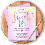 Papier Budget Sweet 16 Rainbow Parties scintillant Ombre<br><div class="desc">"Bonne Douce 16". Envoyez cette invitation étonnante, pétillante, girly, festive, moderne, personnalisée, budget personnalisé pour un événement à retenir. La typographie de script de parties scintillant arc-en-ciel, ainsi que les fabuleux confettis turquoise, rose violet et or, recouvrent un arrière - plan métallique à l'ombre arc-en-ciel. Un motif à points de...</div>