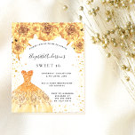 Papier Budget Sweet 16 robe or robe florale blanc invitat<br><div class="desc">Une invitation moderne, élégante et glamour pour une fête Sweet 16, 16e anniversaire. Un arrière - plan blanc avec de la poussière de parties scintillant en faux or, une robe et des roses, des fleurs. Le nom est écrit avec un script de style moderne écrit à la main. Personnalisez et...</div>