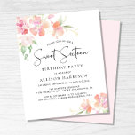 Papier Budget Sweet 16 Rose Floral Invitation de fête d'a<br><div class="desc">Une invitation à la fête de 16 ans,  élégante et assez sucrée et abordable,  avec de délicats bouquets d'aquarelle rose et corail aux accents d'or et de "Sweet sixteen" dans une écriture élégante et aérée. Personnalisez facilement avec son nom et les détails de la fête.</div>