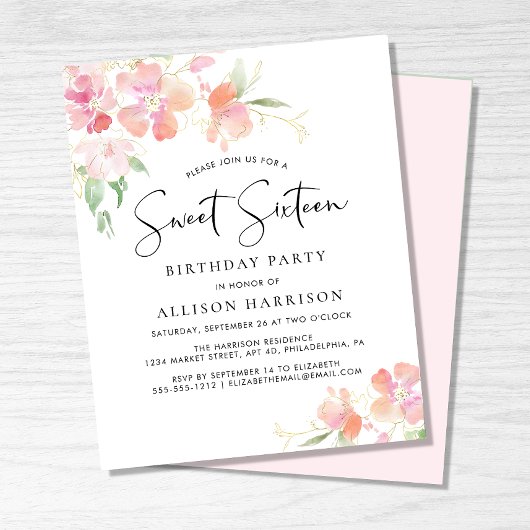 Papier Budget Sweet 16 Rose Floral Invitation de fête d'a