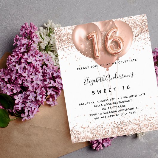 Papier Budget Sweet 16 roses invitation ballons d'or